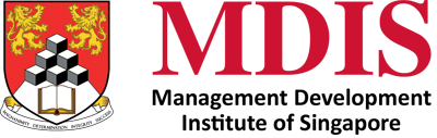 The logo shows a red shield with two gold lions, a stack of black and white cubes, and an open book—reflecting excellence that attracts leads for education business—next to bold red MDIS letters and “Management Development Institute of Singapore” in black below.